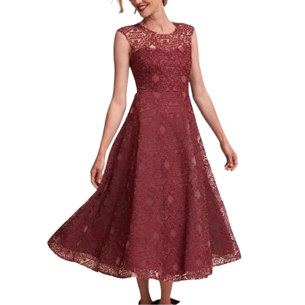 BHLDN x Sara Emanuel Presley Midi Dress Gown Size 2 Maroon Geo‎ Applique Wedding